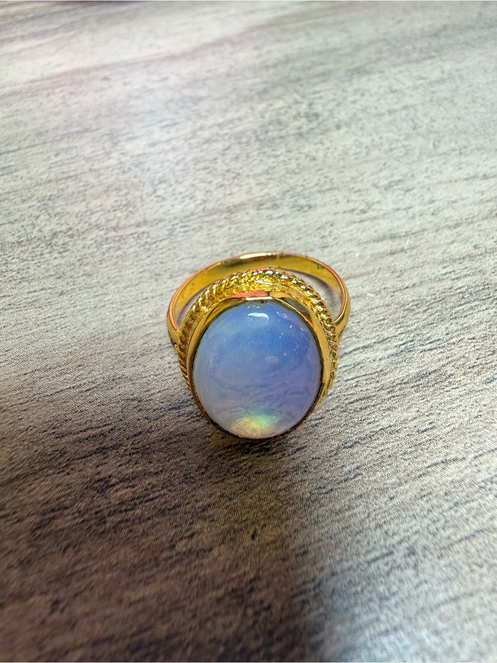 Vintage Style Gold Tone Blue Opalescent Oval Cabochon Ring Size 7